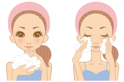 たっぷりの泡で優しく洗顔する女性のイラスト