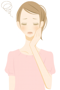 頬に手をあてて悩んでいる女性のイラスト