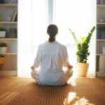 やわらかな朝の光の中、部屋で床に座り、自分と向き合うように静かに過ごす女性の後ろ姿。