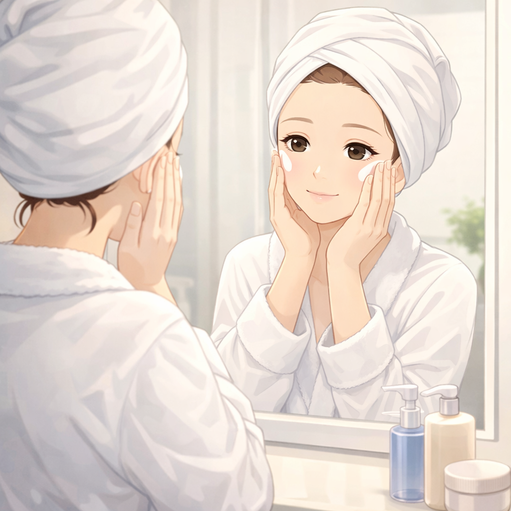 頭にタオルを巻いて、バスローブ姿で鏡の前でスキンケアをする女性。お肌にクリームをのせて手のひらで丁寧にのばしているイラスト。