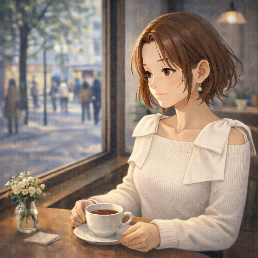 カフェの窓際で一人座っている女性。テーブルに置かれたコーヒーカップに手を添えて、穏やかな表情で外の景色を見ているイラスト。