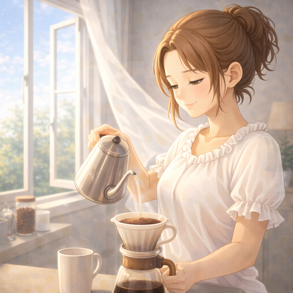 自分のためにコーヒーを淹れる女性のイラスト。一人の時間を楽しんでいるイメージ。