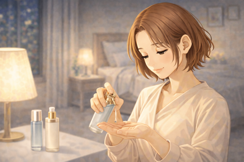 スキンケアで美容液を手のひらに出している女性。穏やかで静かな時間が流れている様子のイラスト。