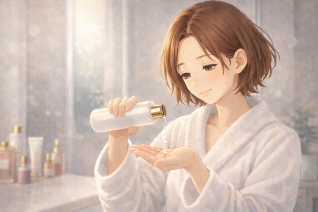 スキンケアを楽しんでいる女性。化粧水を手のひらに出して、穏やかな表情でドレッサーの前に座っているイラスト。