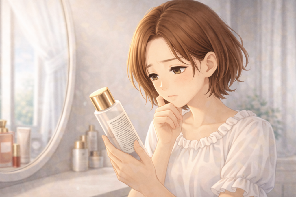ドレッサーの前でスキンケアのボトルに書かれている成分を見て考えている女性。無添加化粧品なのに赤みが出た原因を考えているイラスト。