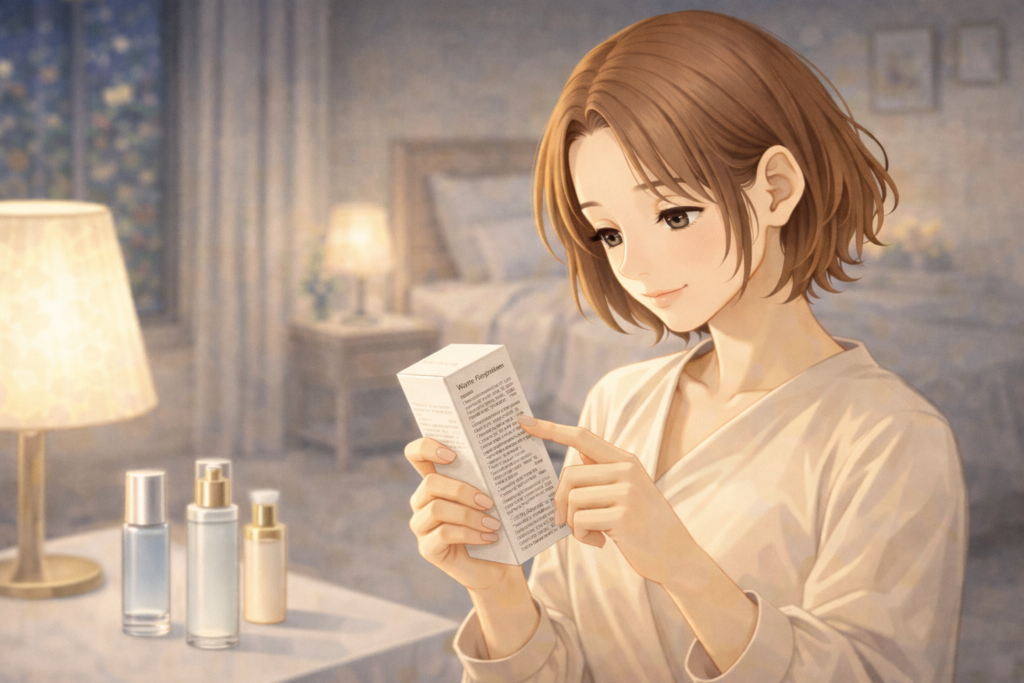 スキンケアの外箱で使用されている成分をチェックしている女性のイラスト。