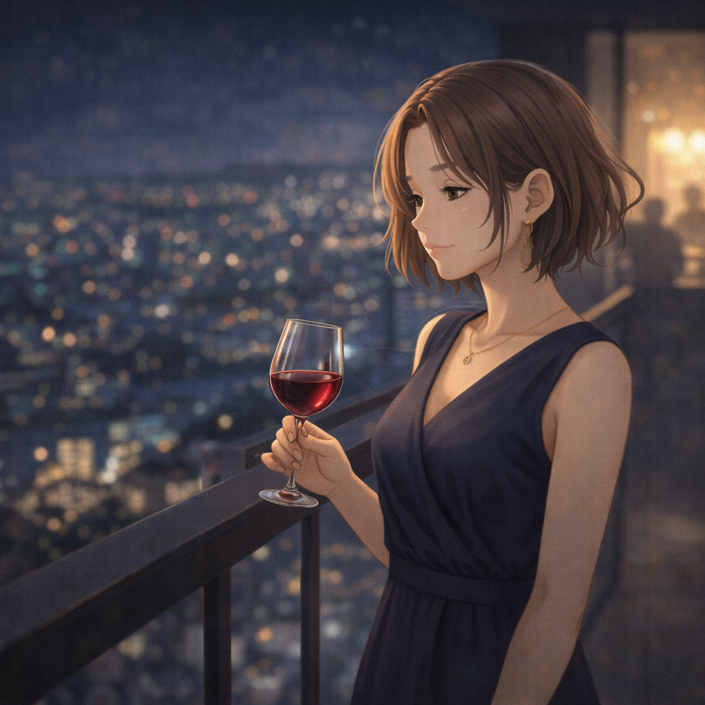 パーティー会場のバルコニーで一人で外を眺めている女性。ワイングラスを片手に持っているイラスト。