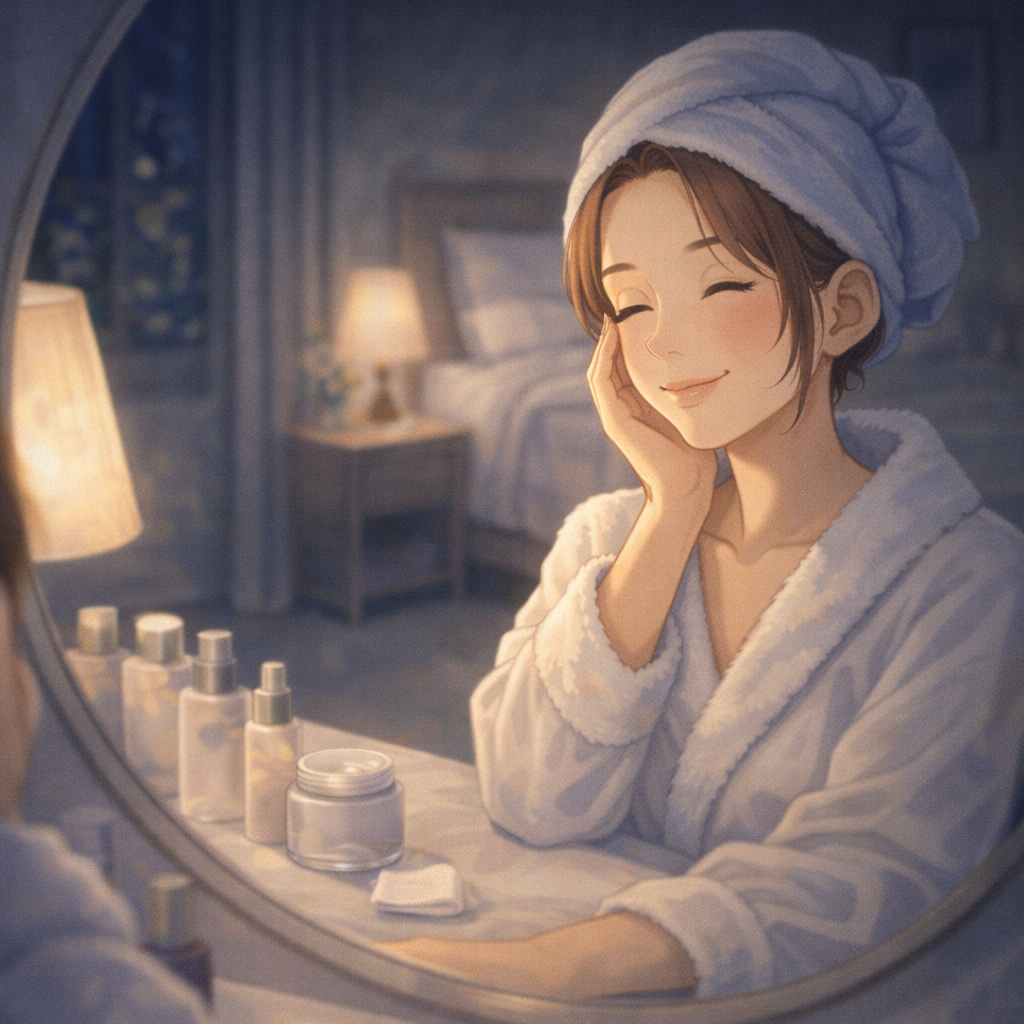 湯上がりの静かな時間に、肌をいたわるように手を添える女性。