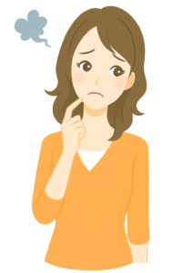 左の頬に人差し指を当てて何かに悩んでいる女性のイラスト