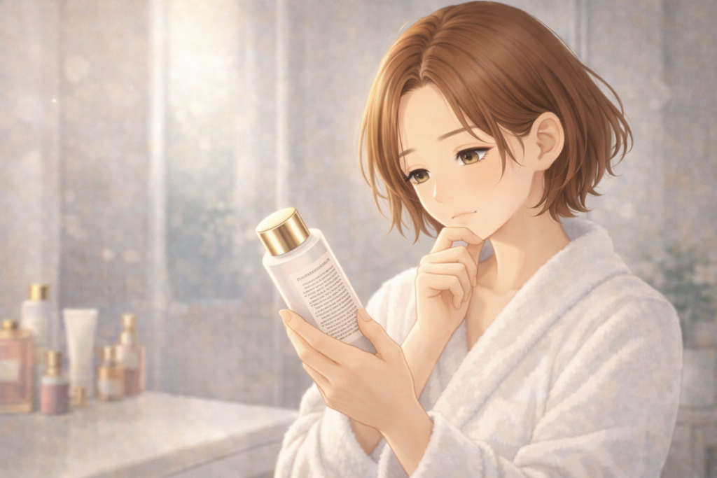 ドレッサーの前でスキンケアのボトルに書かれている成分を見て考えている女性。無添加化粧品なのに赤みが出た原因を考えているイラスト。