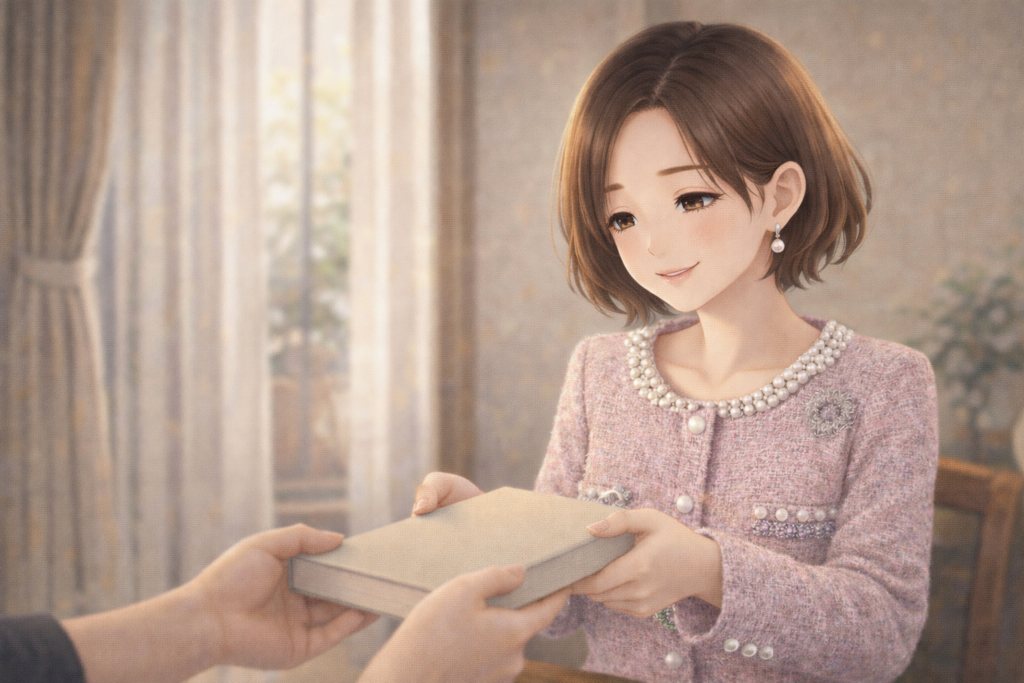 人から渡された本を両手で丁寧に品よく受け取っている場面。穏やかに微笑み、上品な佇まいの女性のイラスト。