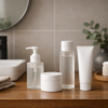 落ち着いた洗面台 × シンプルなスキンケア容器