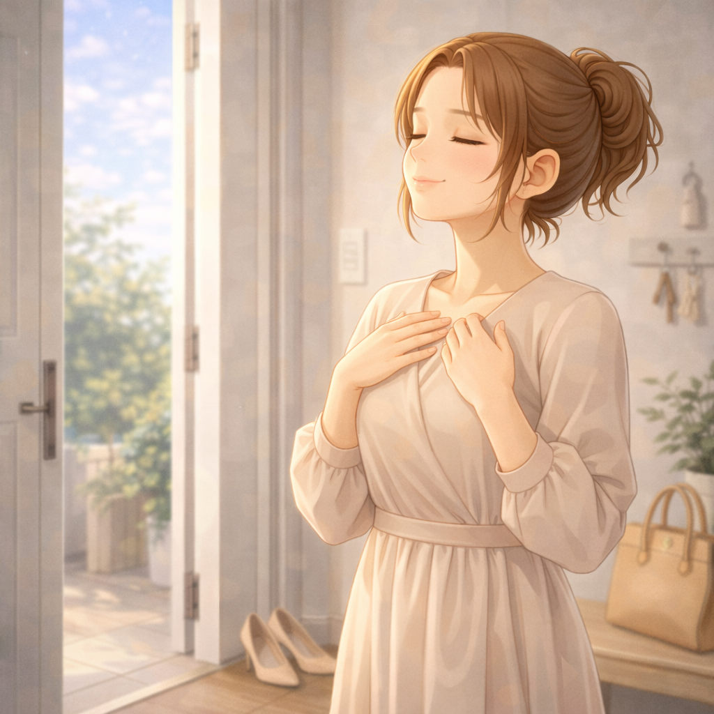 外出前に玄関で深呼吸している女性。心を整えて今日も自分らしくしく過ごそうと自分の心と対話しているイメージ。