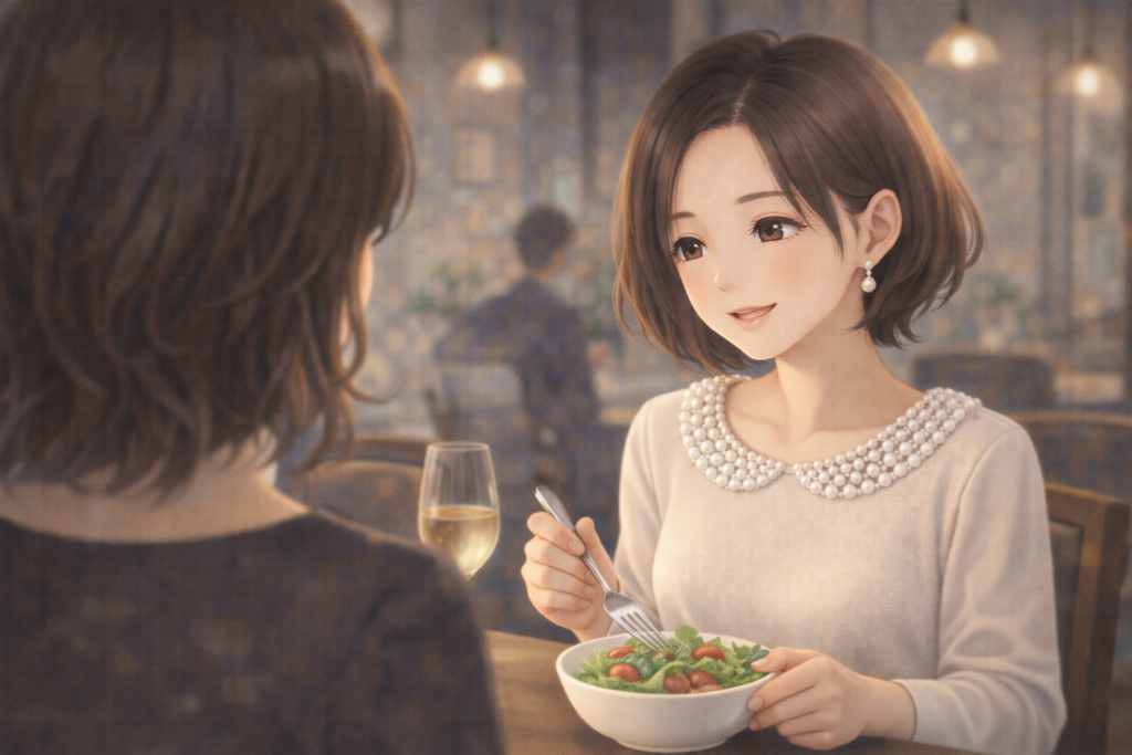 友人とレストランで食事。楽しい会話の中でも適度な距離感で静かな気品をまとっている雰囲気の女性のイラスト。