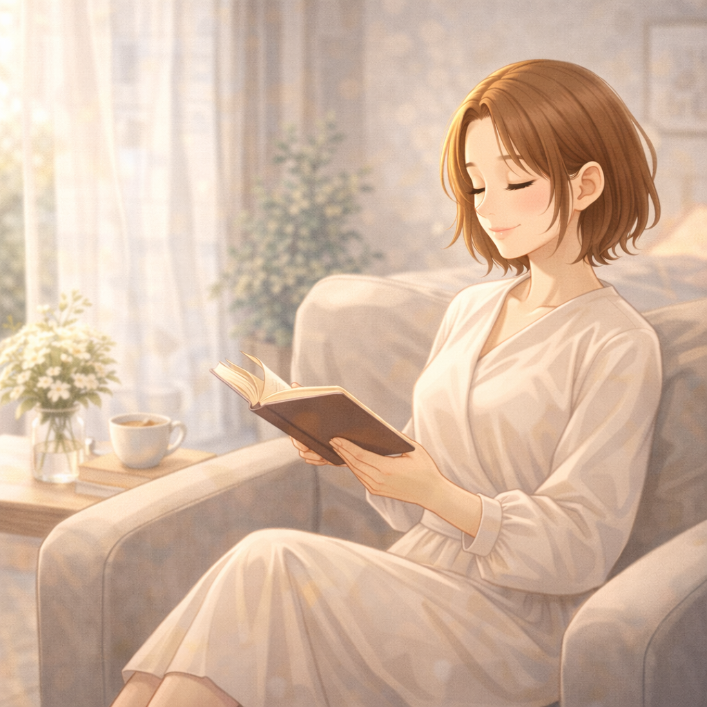 ゆったりと読書の時間を楽しむ女性。充実した一人の時間を楽しんでいるイメージ。