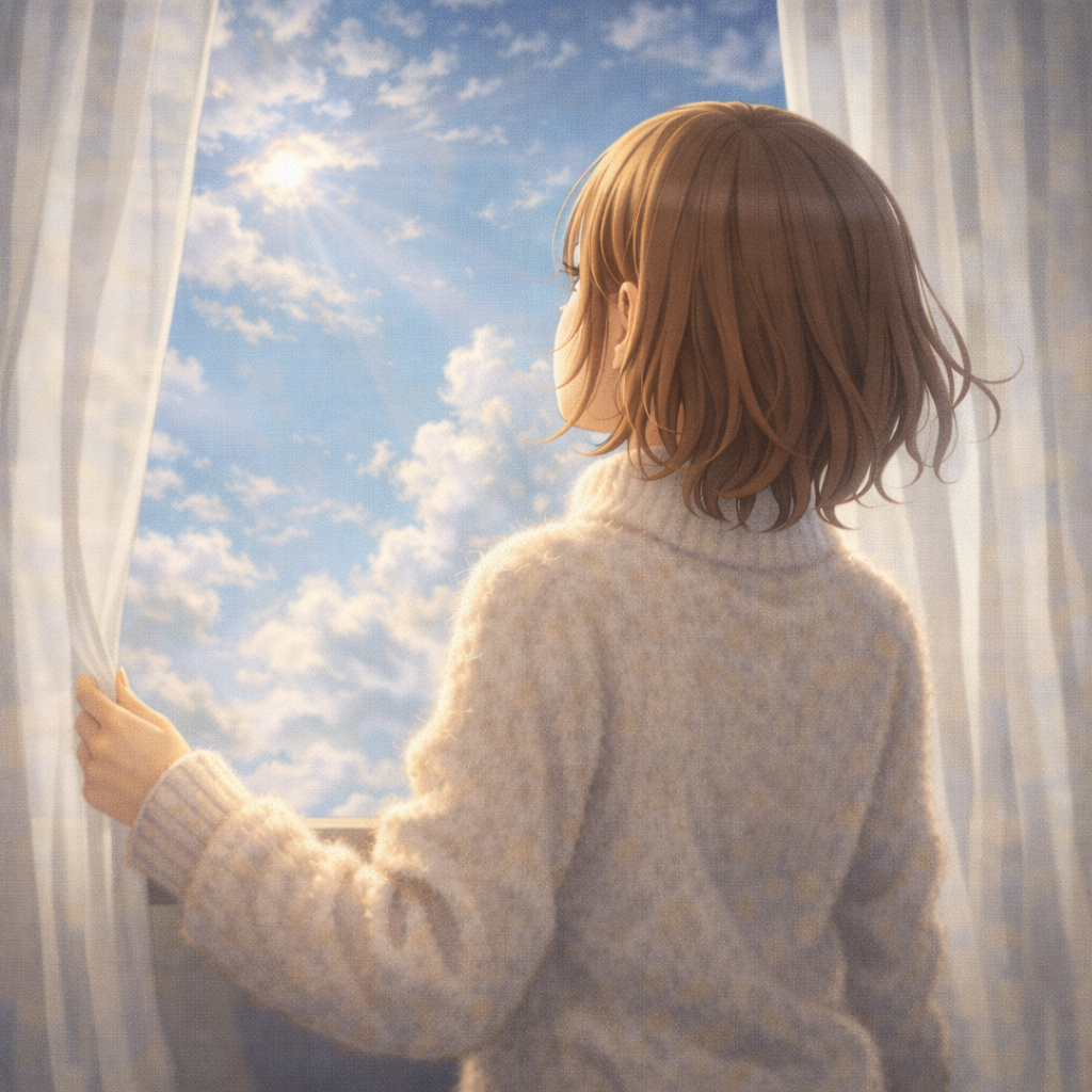 カーテン越しの光に空を見上げている後ろ姿の女性。

