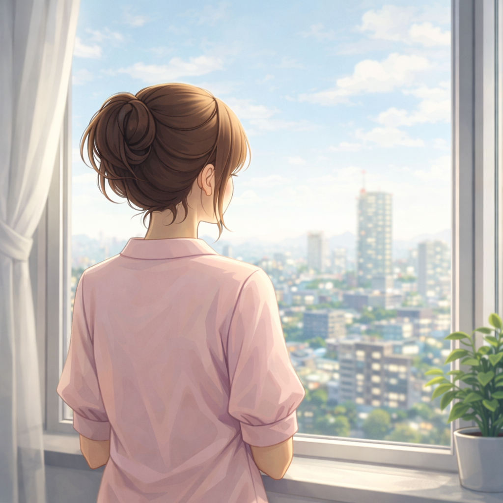 窓辺で外の景色を眺めている女性の後ろ姿