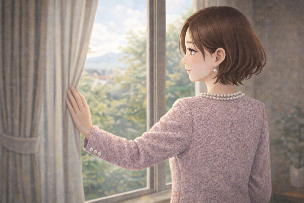窓際に立ち、外を眺める女性の後ろ姿。穏やかに微笑んでいる横顔。