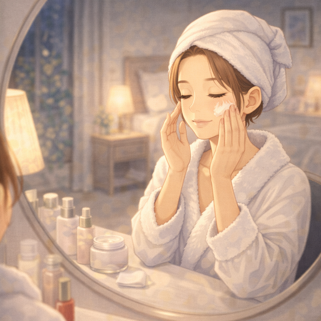 ドレッサーの前で夜のスキンケアをする女性。バスローブ姿で頭にはタオルを巻いている。