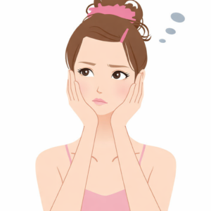 自分の頬を包むように両手を置いて、思い悩む女性のイラスト