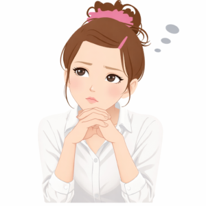 両手を前で重ねてその上で自分の顎をのせて考える女性のイラスト