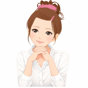 両手を重ねてその上に自分を顎をのせて、穏やかな表情で微笑む女性のイラスト