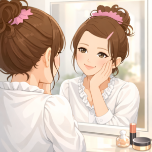 鏡に映る自分を見て頬に手をあてて微笑む女性