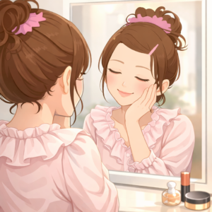 鏡の前で目を閉じて穏やかな表情で頬に手をあてて微笑む女性