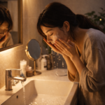 夜、洗面台でメイクを落としている女性の様子