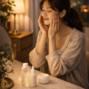 夜のスキンケアでやさしく肌に触れる女性
