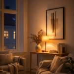 夜のリビングで灯るスタンドライトと、静かな時間のある空間