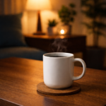 夜のリビングで湯気の立つマグカップと、静かな考えごとの時間