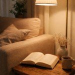 夜のリビングで本を開き、静かに自分と向き合う時間
