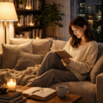 夜の静かな時間に、本を読む女性