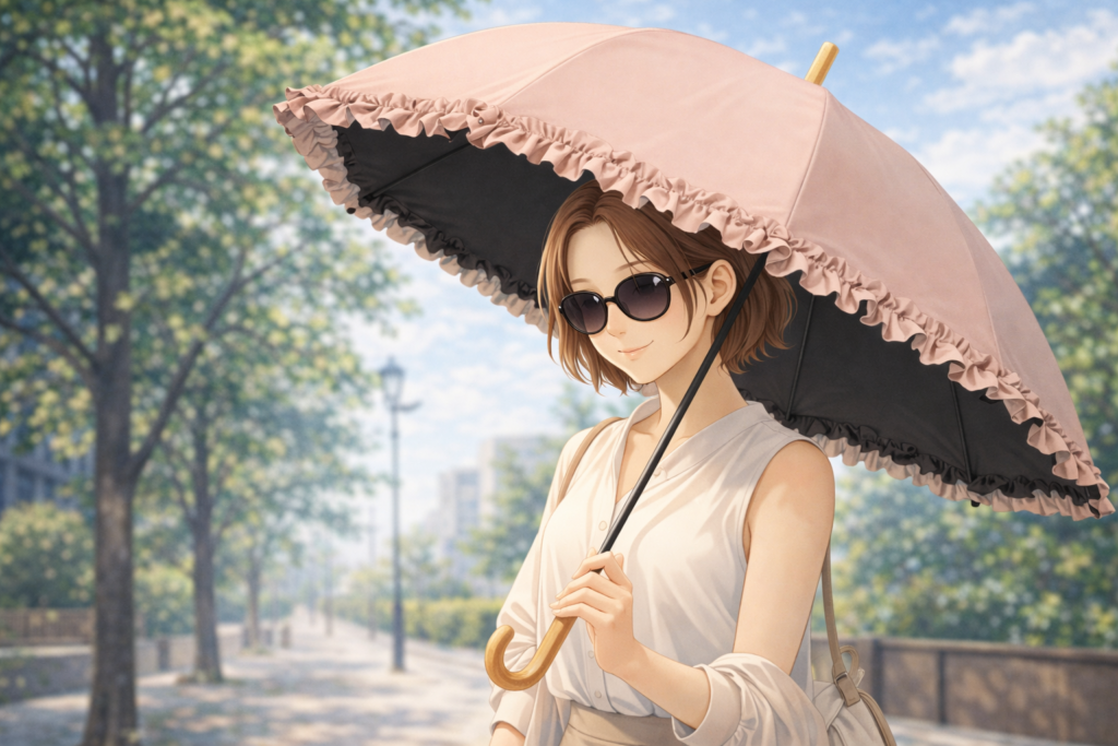 日傘とサングラスで紫外線対策しながら歩いている女性。