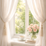朝の光が差し込む窓辺に、白いカーテンと花、コーヒーカップが置かれた静かな空間