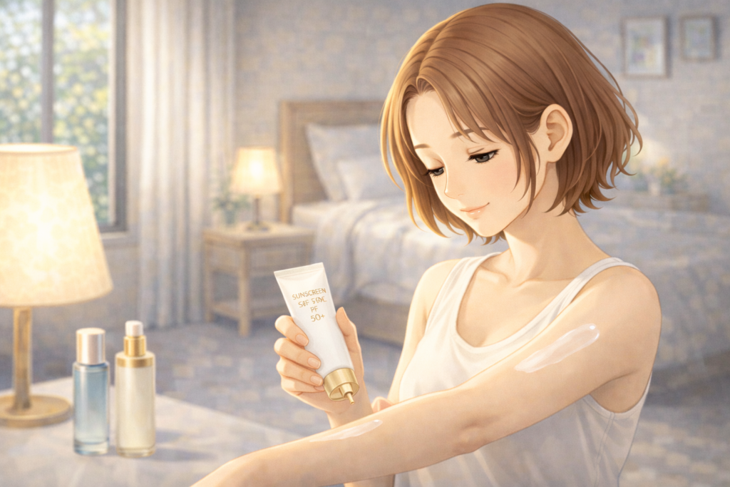 日焼け止めクリームを塗る女性。チューブからクリームを自分の腕にだしているイラスト。