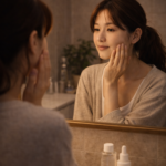 鏡の前で自分の肌と静かに向き合う女性の様子