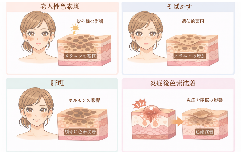 シミの種類(老人性色素斑・そばかす・肝斑・炎症後色素沈着)の比較図