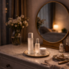 夜のドレッサーに並ぶシンプルなスキンケア用品。40代からのエイジングケアを象徴する静かな時間。