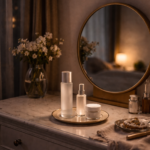 夜のドレッサーに並ぶシンプルなスキンケア用品。40代からのエイジングケアを象徴する静かな時間。