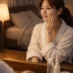 夜のスキンケア中に頬に触れる女性