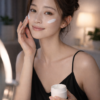夜、クリームを塗ってスキンケアをする女性