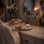 夜のドレッサーで化粧水を手にとる女性。壊さないエイジングケアのイメージ