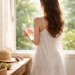 朝の自然光の中、窓辺で日焼け止めを準備する女性の後ろ姿